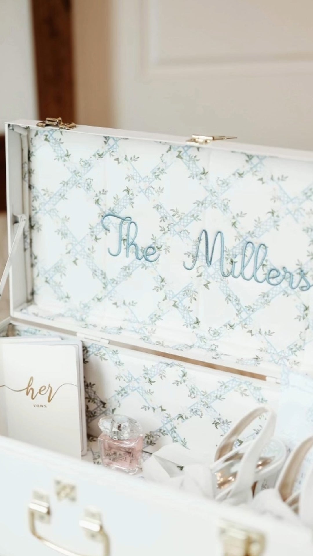 Petite Keep White Bridal Trunk with Timeless Trellis Displaying Wedding Keepsakes