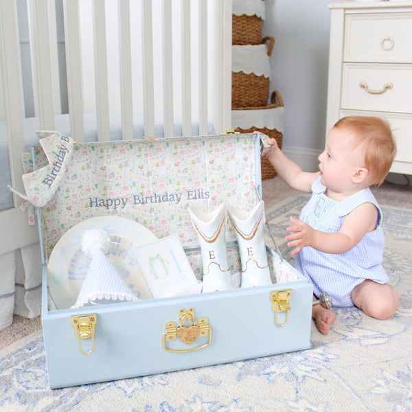 Petite Keep Birthday Trunk in Petite Sizing with Light Blue Exterior and Embroidery