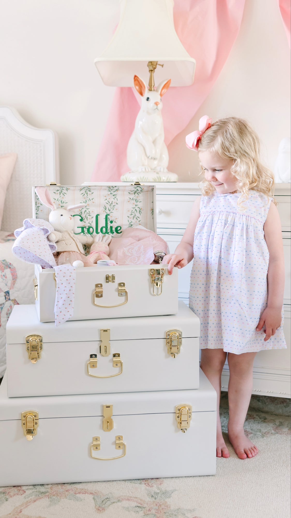 Petite Keep Mini, Petite, and Grand Trunks in White with Darling Dogwood Personalization