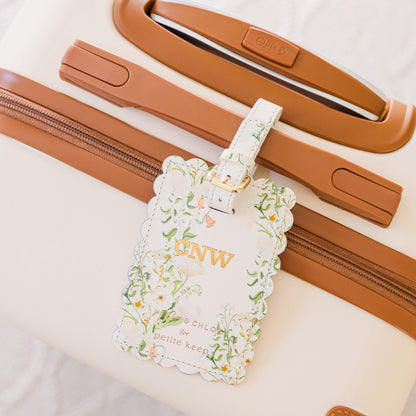 neely and chloe for petite keep leather luggage tag in garden gala print with monogram styled