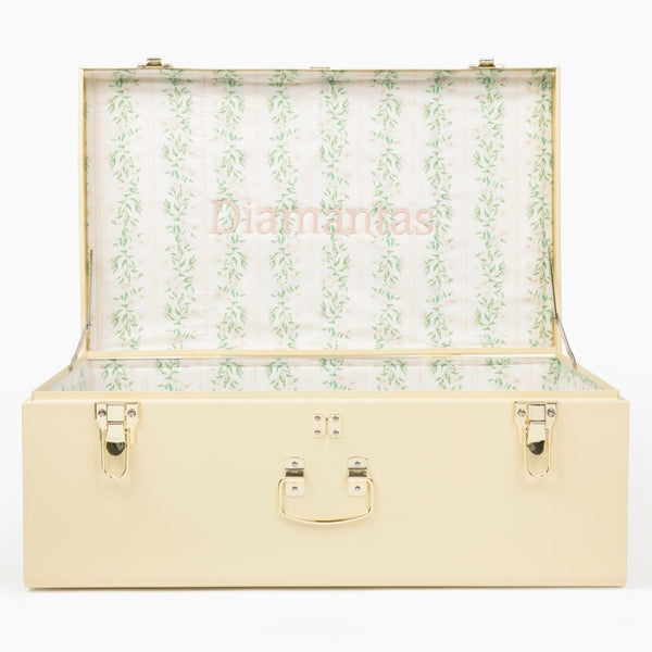 Grand keepsake trunk in yellow with darling dogwood fabric and embroidery